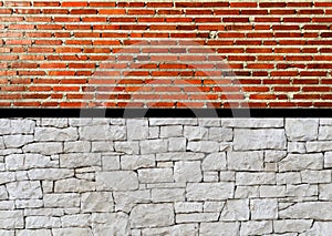 Two pattern red brick and white stone wall architecture construction background