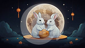 Two peaceful white rabbits enjoy a mooncake under the full moon, AI-generated.