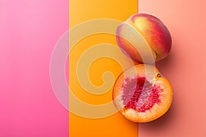 two peaches laid out on a background of bright brights