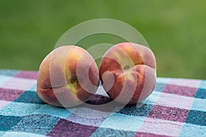 Two peaches, nectarines, green background