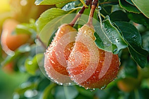 Two pears hanging from a tree with water droplets on them, AI