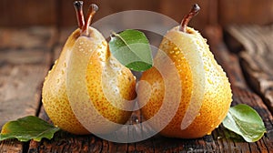 Two pears with leaves on a wooden table, AI
