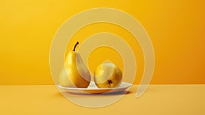Two pears on a plate on a yellow background, AI