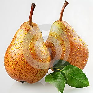 two pears with water drops on them and a green leaf