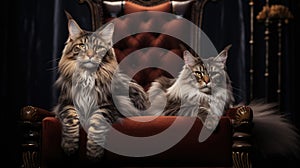 Two pedigreed purebred Maine Coon Cats at an exhibition of purebred cats. Cat show. Animal exhibition. Competition for