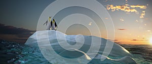 Two penguin looking around ice rock and see clear beautiful ocean High quality 3d illustration render