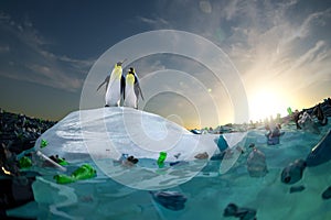 Two penguin looking around and see ocean with plastic garbage. High quality 3d illustration render