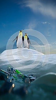 Two penguin looking around and see ocean with plastic garbage. High quality 3d illustration render