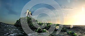 Two penguin looking around and see ocean with plastic garbage. High quality 3d illustration render