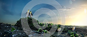 Two penguin looking around and see ocean with plastic garbage. High quality 3d illustration render