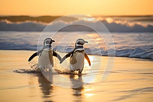 Two penguins coming ashore from Atlantic ocean, blue sea, Generated AI