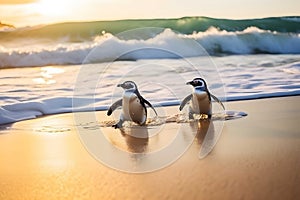 Two penguins coming ashore from Atlantic ocean, sunlight, Generated AI