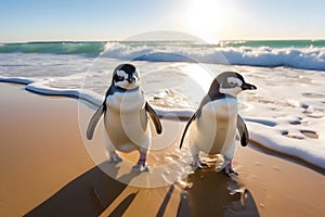 Two penguins coming ashore from Atlantic ocean, wildlife animal, sunlight, Generated AI