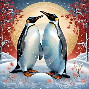 Two penguins, dressed in wedding attire, stand triumphantly on a snow-frosted igloo on their Lunar New Year.