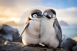 Two Penguins Embracing. Love, Care, And Support. Wildlife and Valentines Day Theme. AI Generated