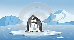 Two penguins (family: Spheniscidae) stand together on a small ice floe surrounded photo