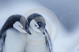 Two Penguins Huddle Together in the Snow