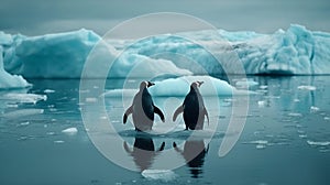 Two penguins on an ice background. Generative AI,