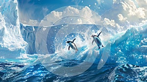 Two Penguins Jumping and Swimming in the Ocean