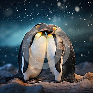 Two penguins. King penguin couple cuddling wild nature green background. Two penguins making love. in the grass