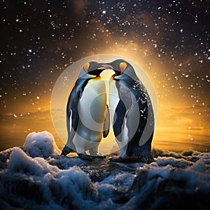 Two penguins. King penguin couple cuddling wild nature green background. Two penguins making love. in the grass