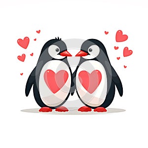 Two penguins in love in flat style. Valentine\'s Day greeting card with a couple of cute penguins in love.