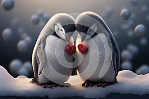 Two penguins in love, perfect for a Valentines Day postcard on February 14th