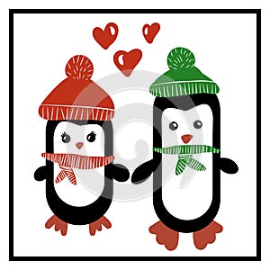 Two penguins in love on a white background.