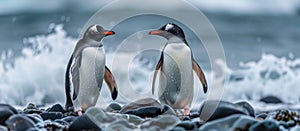 Two Penguins on Rocky Beach by Ocean