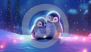 two penguins sit next to each other in reconciled snowfall with fairy lights on the background