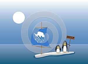 Two penguins standing on the last ice floe in the ocean. global warming concept