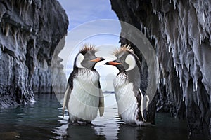 two penguins standing side by side on an icy shore
