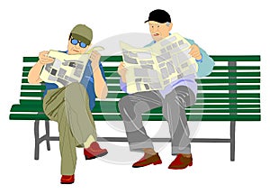 Two pensioners read newspapers on the bench in the park.