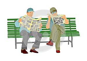 Two pensioners read newspapers on the bench in park. Vector illustration isolated on white background.