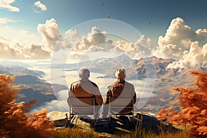 Two pensioners sit on top of a mountain and look at the landscape. generative AI