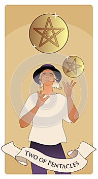 Two of pentacles. Tarot cards. Young man wearing hat, juggling two golden pentacles