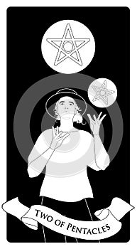 Two of pentacles. Tarot cards. Young man wearing hat, juggling two golden pentacles