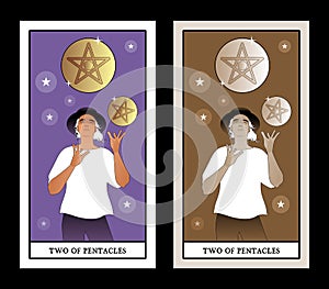 Two of pentacles. Tarot cards. Young man wearing hat, juggling two golden pentacles