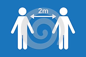 Two people and arrow with 2m sign distance. Social distancing concept. Icon isolated on blue background