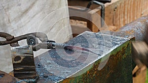 Two people in blacksmith forging red hot iron on anvil