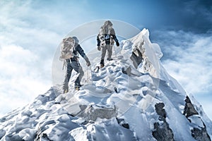 Two people climbing up a snowy mountain with backpacks. Suitable for adventure, hiking, and outdoor activities