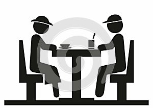 Two people in coffee room, tea room, black silhouette, web icon, vector illustration, eps.