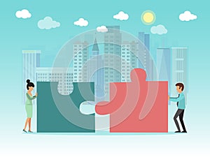 Two people connecting puzzle elements vector illustration. Teamworks puzzle cooperation. Business people pushing huge