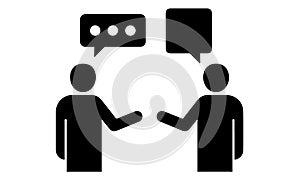 Two people conversing with speech bubbles in black and white illustration