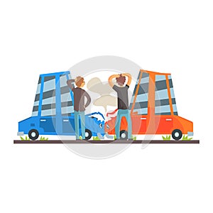 Two people crashing their cars. Car accident colorful character vector Illustration