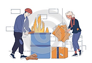 Two people disposing of cardboard boxes in a fire bin. Homeless people are warmed by a fire in a barrel. Flat line art