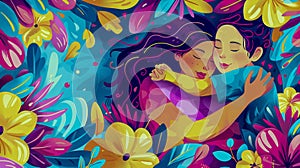 Two People Embrace Lovingly, Encapsulated In An Explosion Of Tropical Flowers