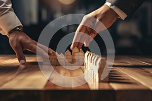 Two people engaging in playtime with wooden blocks on a table. Perfect for educational or recreational purposes