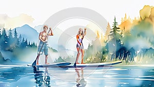 Two people enjoy paddleboarding in tranquil waters at sunset photo