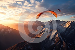 Two people enjoying the thrill of paragliding as they soar over a stunning mountain range at sunset, Paragliders flying over